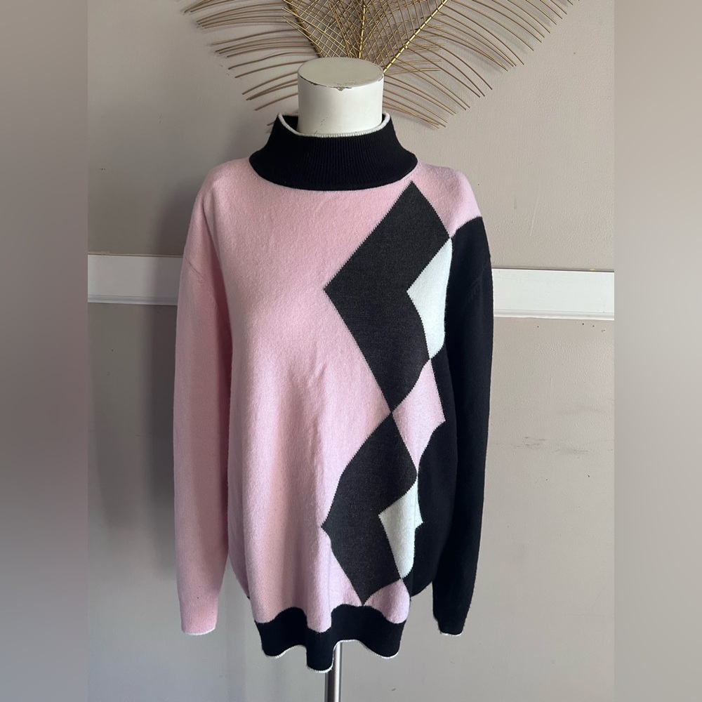 Dressbarn Pink and Black Geometric Turtleneck Sweater